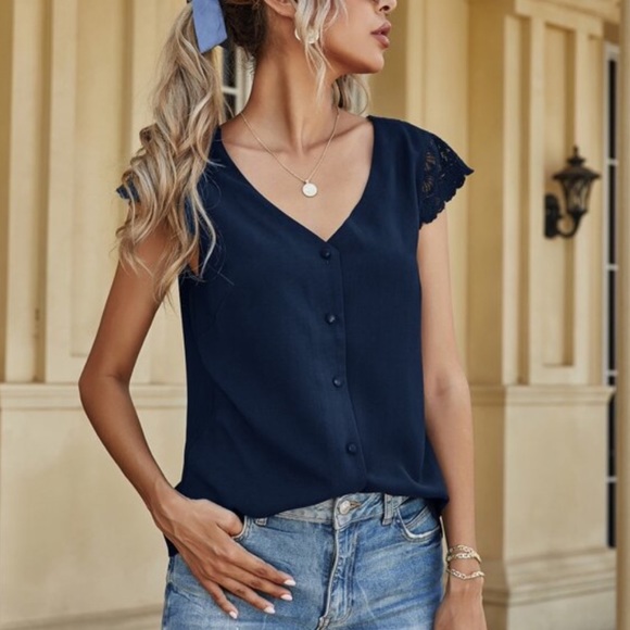 Navy blue button lace low back blouse - Picture 8 of 8